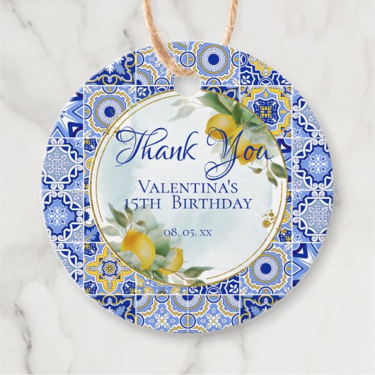 Italian Blue Gold Tiles Lemons Script Vielen Dank Geschenkanhänger (Vorderseite)
