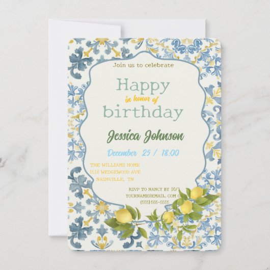 Italian Blue Tile Lemon Invitation Einladung (Vorderseite)
