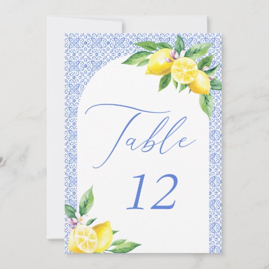 Italian Blue Tile Lemon Positano Table Number Einladung (Vorderseite)
