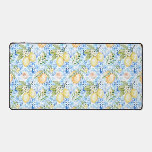 Italian Blue Tile Yellow Citrus Watercolor Schreibtischunterlage (Vorderseite)