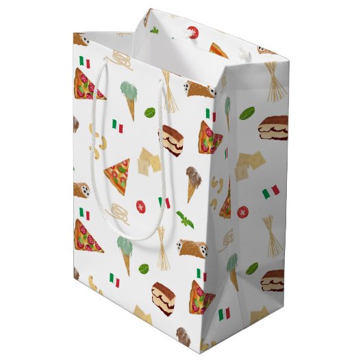 Italian Food Pizza Pasta Tiramisu Pattern Mittlere Geschenktüte (Rückseite Schrägansicht)