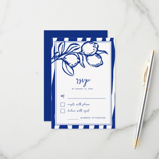 Italian Hand Drawn Lemon Handwritten Blue Wedding RSVP Karte (Vorderseite/Rückseite Beispiel)