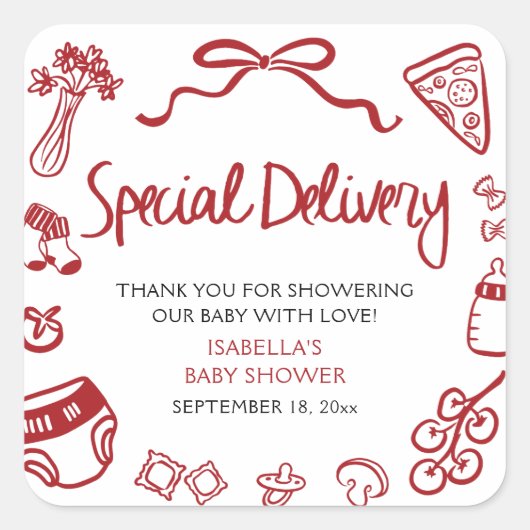 Italian Hand Drawn Special Delivery Baby Shower Quadratischer Aufkleber (Vorderseite)