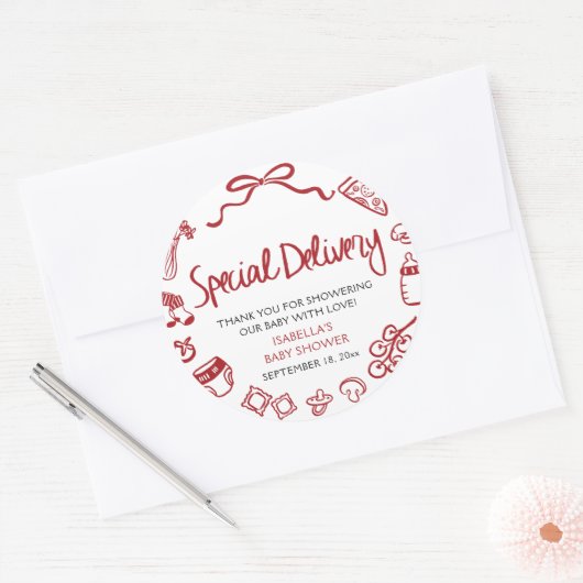 Italian Hand Drawn Special Delivery Baby Shower Runder Aufkleber (Umschlag)
