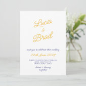 Italian Hand Written Yellow & Blue Stripes Wedding Einladung (Stehend Vorderseite)