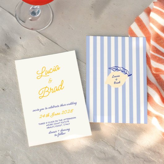 Italian Hand Written Yellow & Blue Stripes Wedding Einladung