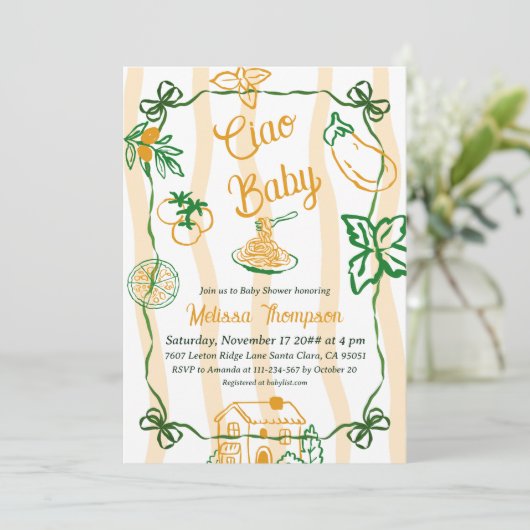 Italian Lemon Ciao Baby Pasta & Pizza Baby Shower Einladung (Stehend Vorderseite)