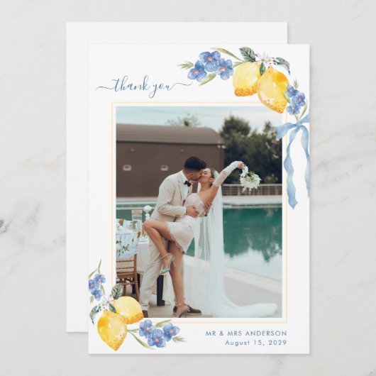 Italian Lemon Floral & Bow Blue and Yellow Wedding Dankeskarte (Vorne/Hinten)