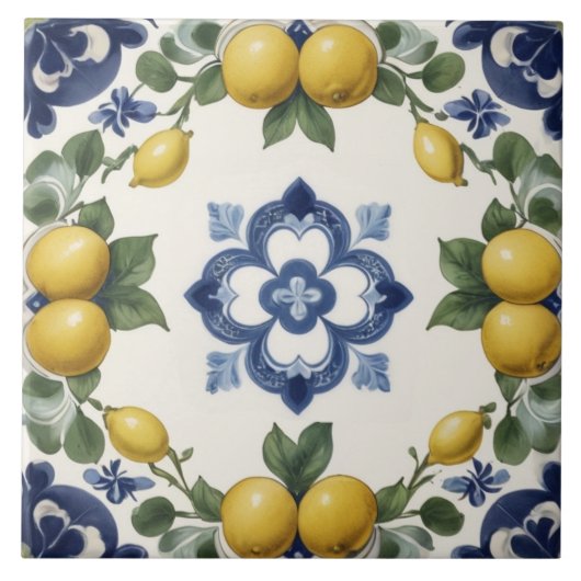 Italian Lemons & Citrus Fruit with Blue Clover Fliese (Vorderseite)