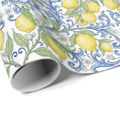 Italian Mediterranean Blue Lemon Floral Geschenkpapier (Rolleneckpunkt)