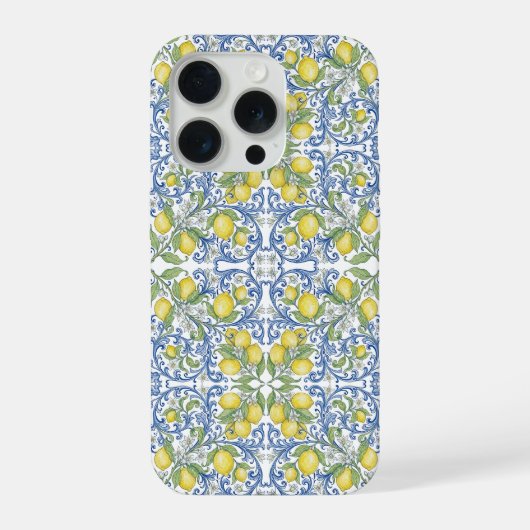 Italian Mediterranean Blue Tile Lemon Pattern iPhone Hülle (Rückseite)
