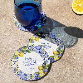 Italian Mosaic Blue Tile Lemons Bridal Shower Runder Pappuntersetzer