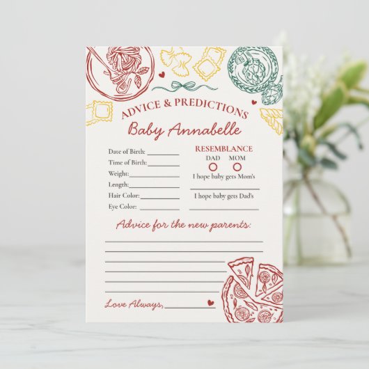 Italian Pasta Advice for Baby Shower Card Einladung (Stehend Vorderseite)
