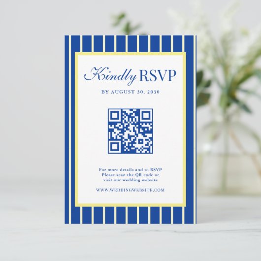 Italian Striped Blue & Yellow Wedding QR Code RSVP Karte (Stehend Vorderseite)