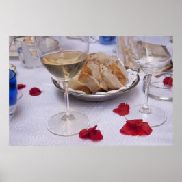 Italian Table: Bread, Wine and Bougainvillea Petal Poster