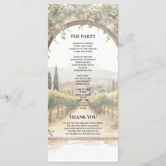 Italian Vineyard Wedding Program | Tuscan Arch  Menükarte (Rückseite)