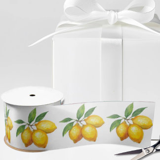 Italian Watercolor Lemons on White Satinband