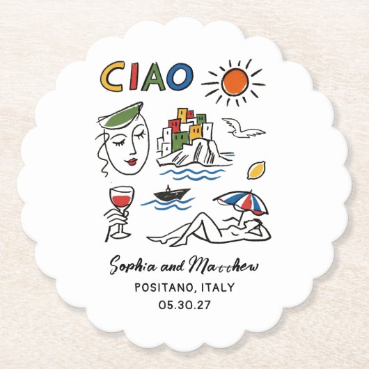 Italian Wedding Hand Drawn Amalfi Coast Modern Untersetzer (Vorderseite)