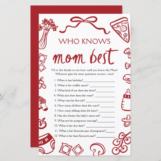 Italian Who Knows Mommy Best Baby Shower Game (Vorne/Hinten)