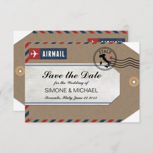 Italien Airmail Gepäckmarke Save the Date (Vorne/Hinten)