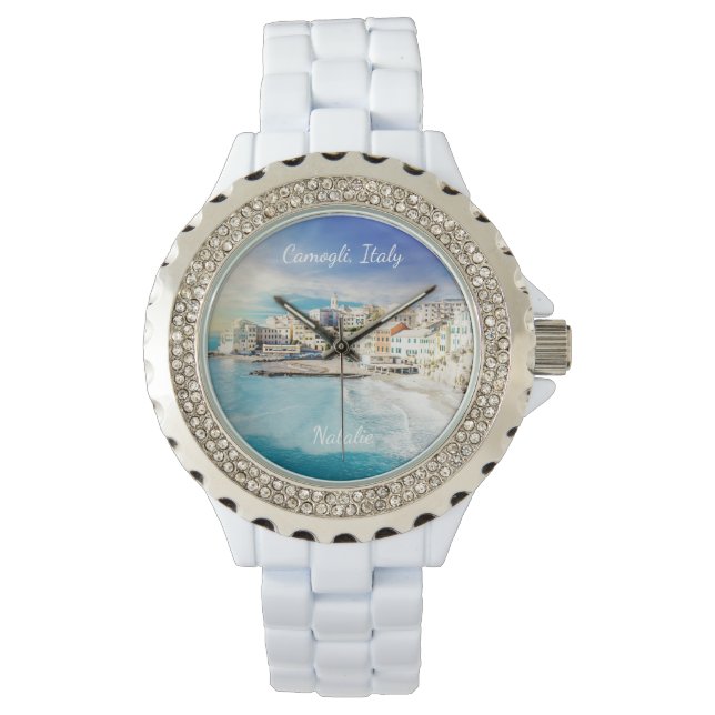 Italien BeachMittelmeer-Malerei Monogramm Armbanduhr (Vorderseite)