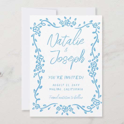 Italien Blauer Hand gezeichnetes mediterranes Foto Save The Date (Rückseite)