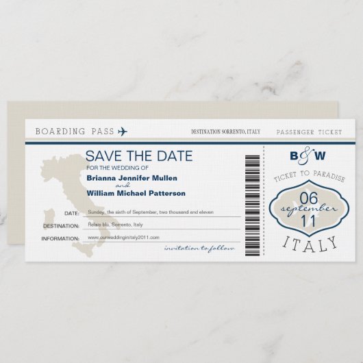 Italien Boarding Pass Save the Date (Vorne/Hinten)