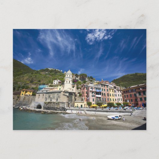 Italien, Cinque Terre, Vernazza, Hafen und Kirche  Postkarte (Vorderseite)