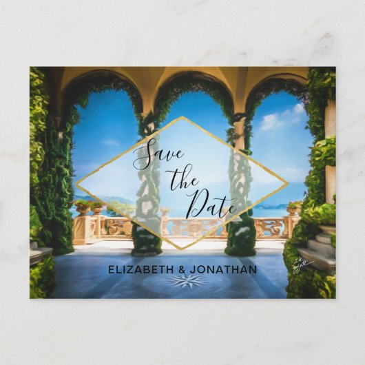 Italien Elegant Blue Green Gold Save the Date Ankündigungspostkarte (Vorderseite)