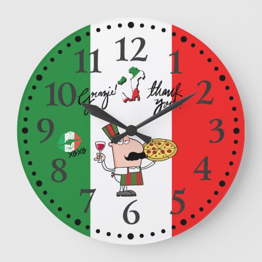 Italien Grazie Pizza Wine Kiss Deco Clock Große Wanduhr (Vorderseite)