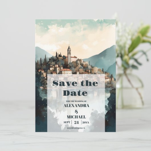 Italien Hochzeit in Urlaubsort Como Save The Date (Stehend Vorderseite)