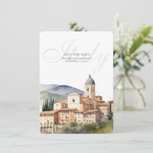 Italien Hochzeit in Urlaubsort Save the Date Karte (Stehend Vorderseite)