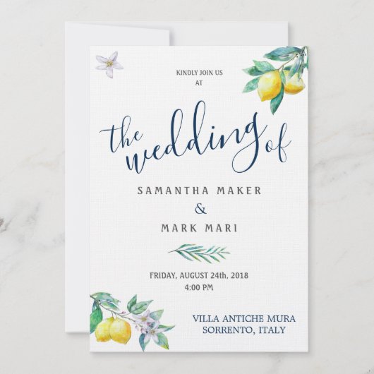 Italien Hochzeitseinladung, Lemon und Olivenöl Einladung (Vorderseite)