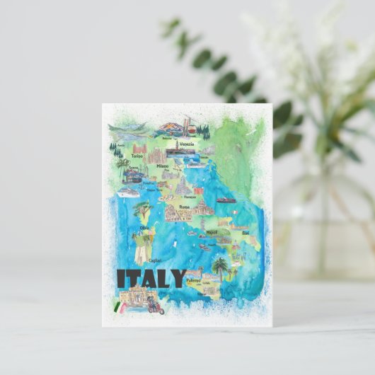 Italien Illustrierte Reisekarte Postkarte (Stehend Vorderseite)
