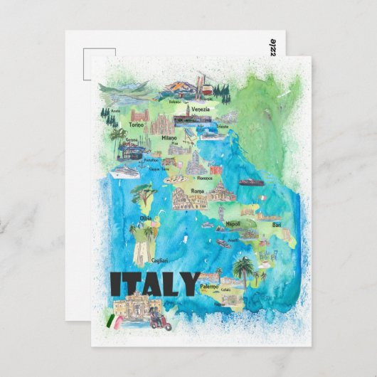 Italien Illustrierte Reisekarte Postkarte (Vorne/Hinten)