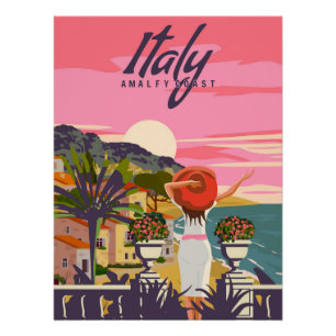 Italien, Lady im Urlaub, Riviera-Küstenplakat Poster