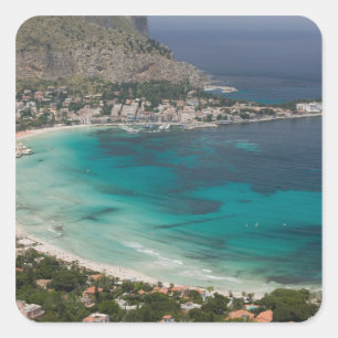 Italien, Sizilien, Mondello, Blick auf den Strand Quadratischer Aufkleber