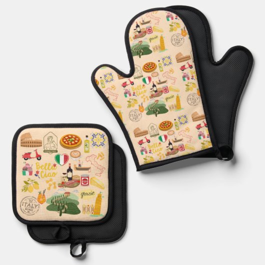 Italien Symbole für Reisende Ofenhandschuh & Topflappen-Set (Vorderseite/Rückseite)