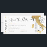 Italien Ziel Boarding Pass Save the Date Gold Einladung<br><div class="desc">Boarding Pass Save the Date für eine Hochzeit in Urlaubsort überall in Italien, mit einem Imitat Gold-Folie Landkarte von Italien, ein niedliches Flugzeug, und eine personalisierte maßgeschneiderte Hochzeitspass-Briefmarke mit Ihren Namen, Hochzeitstag und Ort. Alle Schriftart, Texte und Farbtöne sind neben dem Goldweltbild editierbar, aber Paper Traube bietet mehrere andere Farboptionen,...</div>
