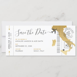 Italien Ziel Boarding Pass Save the Date Gold Einladung