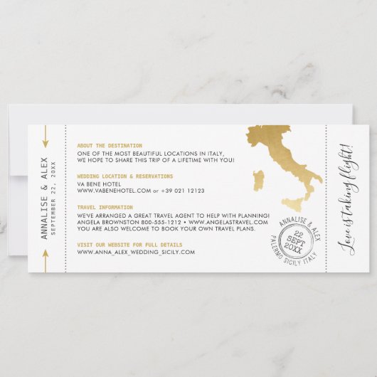 Italien Ziel Boarding Pass Save the Date Gold Einladung (Rückseite)
