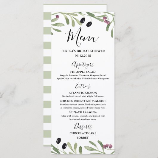 Italiener-toskanisches griechisches Brautparty, Menükarte (Vorne/Hinten)