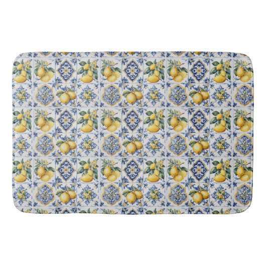 Italienisch Amalfi Blau-Fliesen Zitronen Badematte (Vorderseite)