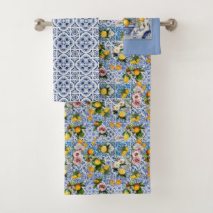 Italienisch Amalfi Blau-Fliesen Zitronen Badhandtuch Set
