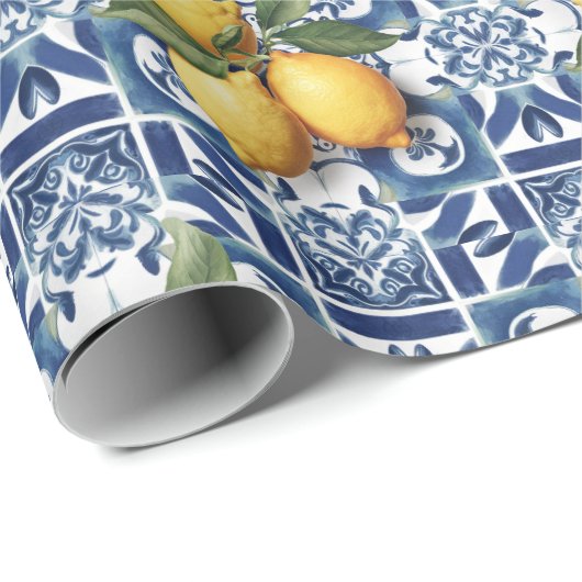 Italienisch Amalfi Blau-Fliesen Zitronen Geschenkpapier (Rolleneckpunkt)
