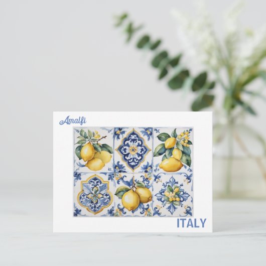 Italienisch Amalfi Coast blue white tiles lemons Postkarte (Stehend Vorderseite)