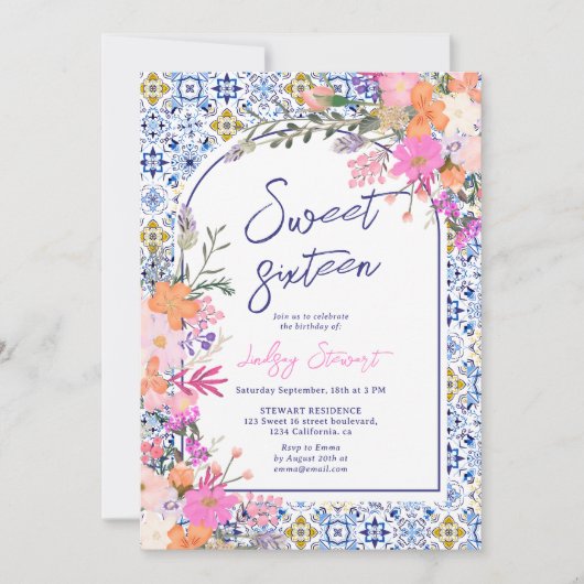 Italienisch blaue Fliesen Aquarell Blumensaft 16 Einladung (Vorderseite)