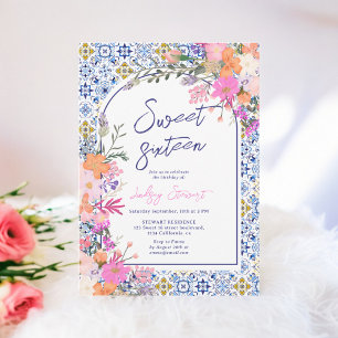Italienisch blaue Fliesen Aquarell Blumensaft 16 Einladung
