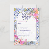Italienisch blaue Fliesen Aquarell Blütenhochzeit Einladung (Vorderseite)