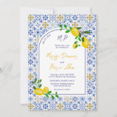 Italienisch blaue Fliesen Aquarell Zitronen Fotos Einladung (Vorderseite)